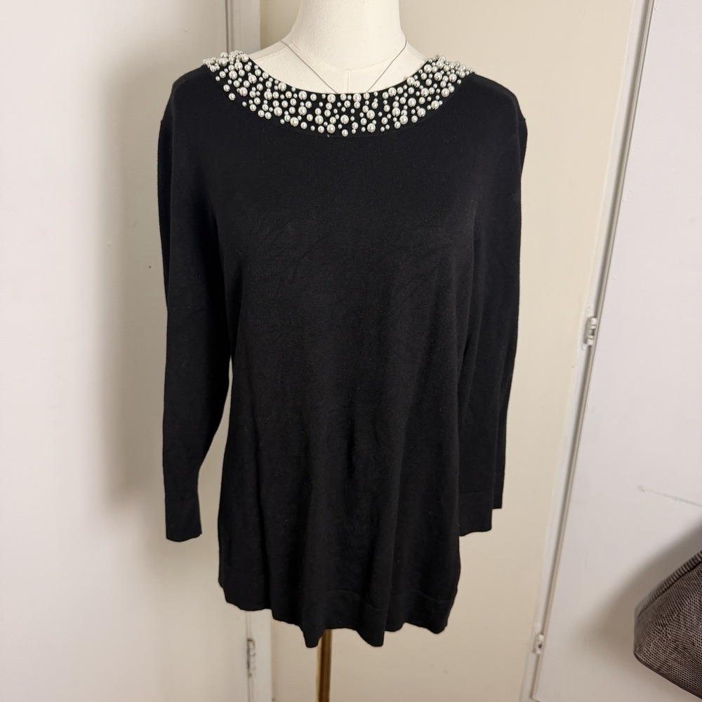 Karl Lagerfeld Womens Pullover Black Sweater Faux Pearl Collar Sz L 3/4 Sleeve